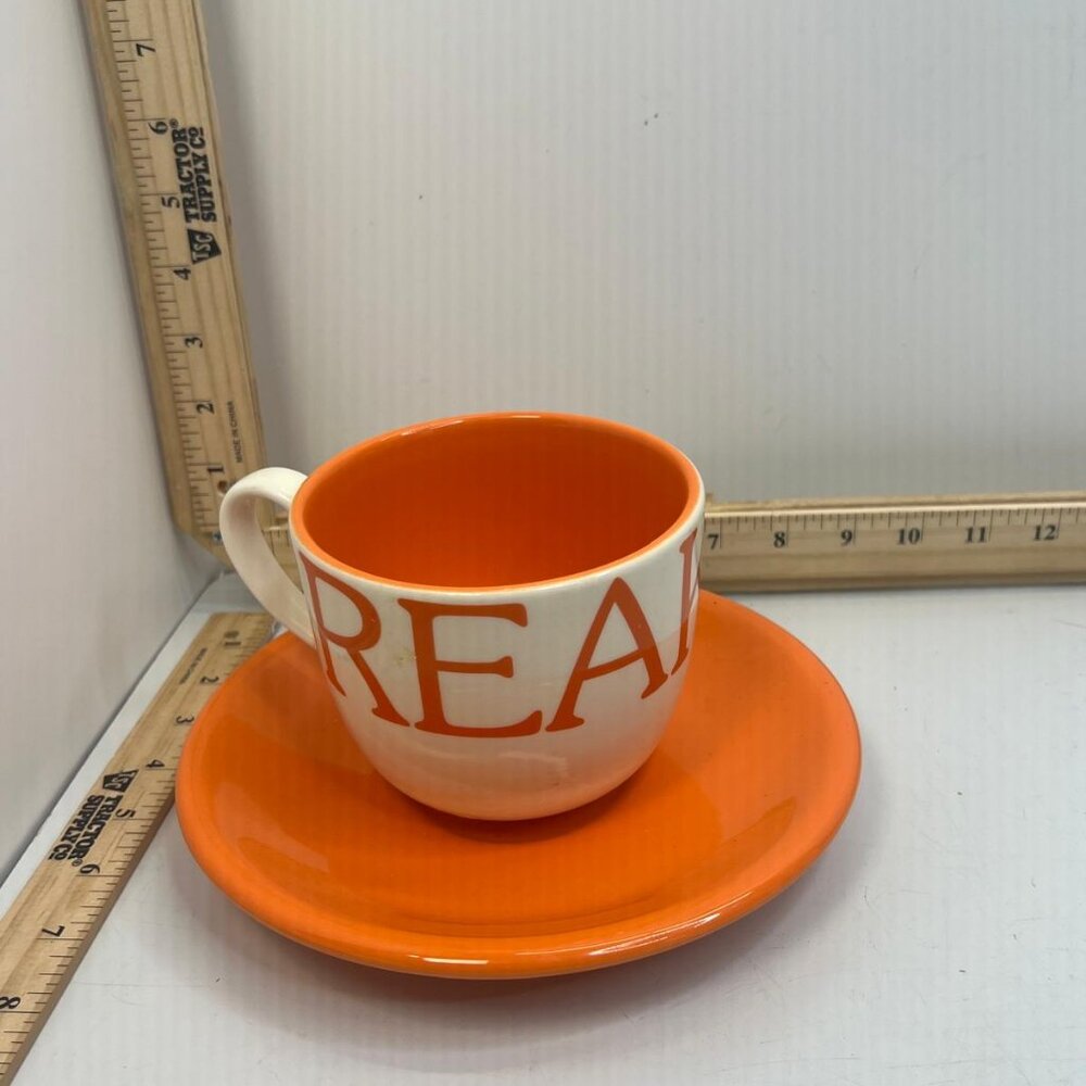Crate and Barrel Ceramic Orange White Coffee Cup and Saucer Set with Bold Design